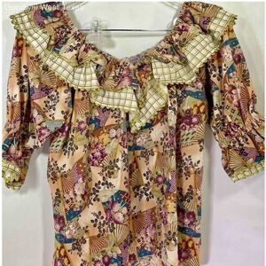 Suzi's Ruffles Top & Skirt Small Vtg Floral Gold Trim Party Square Dancing READ